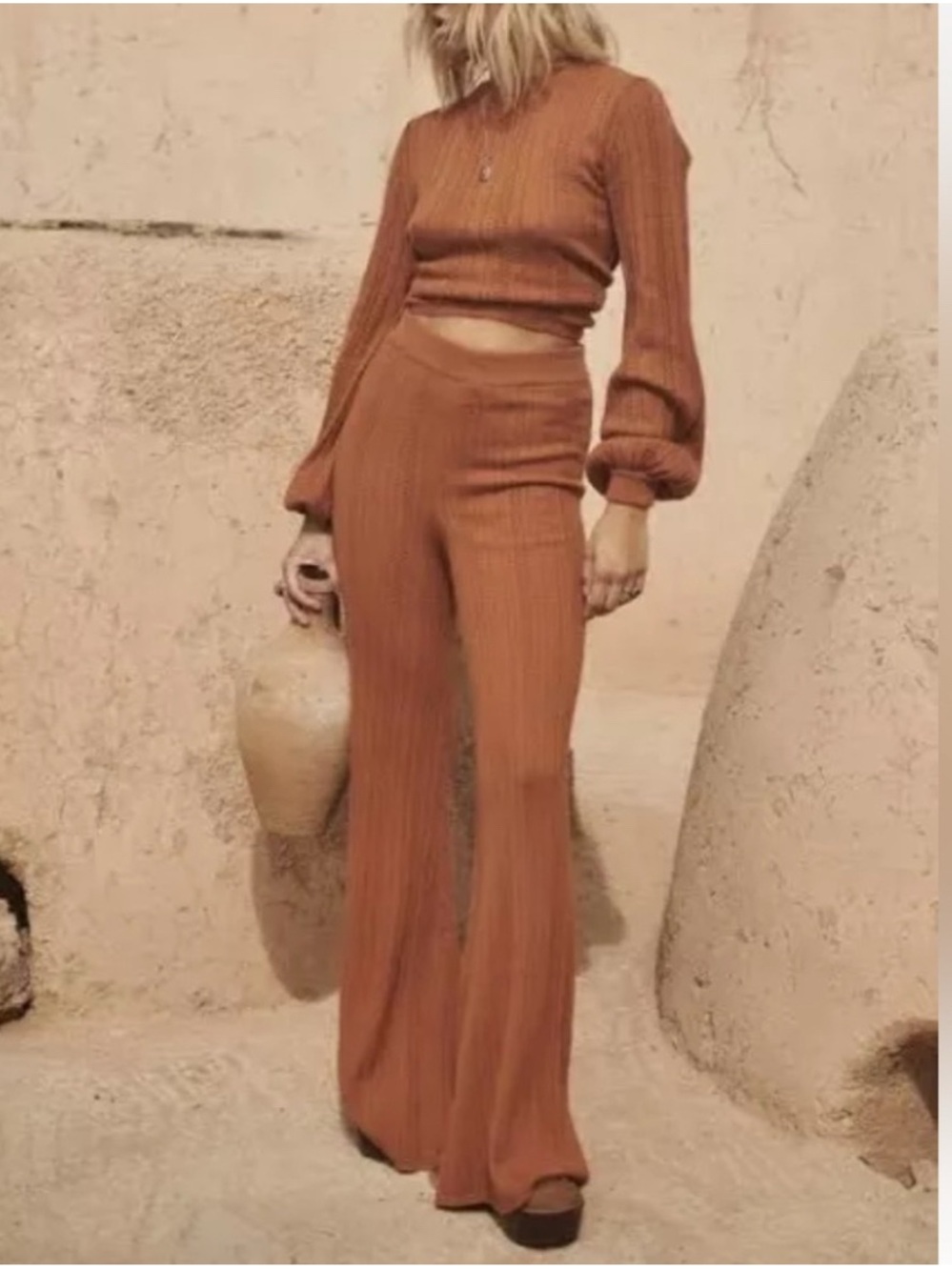 Spell The Brooklyn Bell Cashmere Blend Knit Flare Pull On Pants Boho Cottagecore